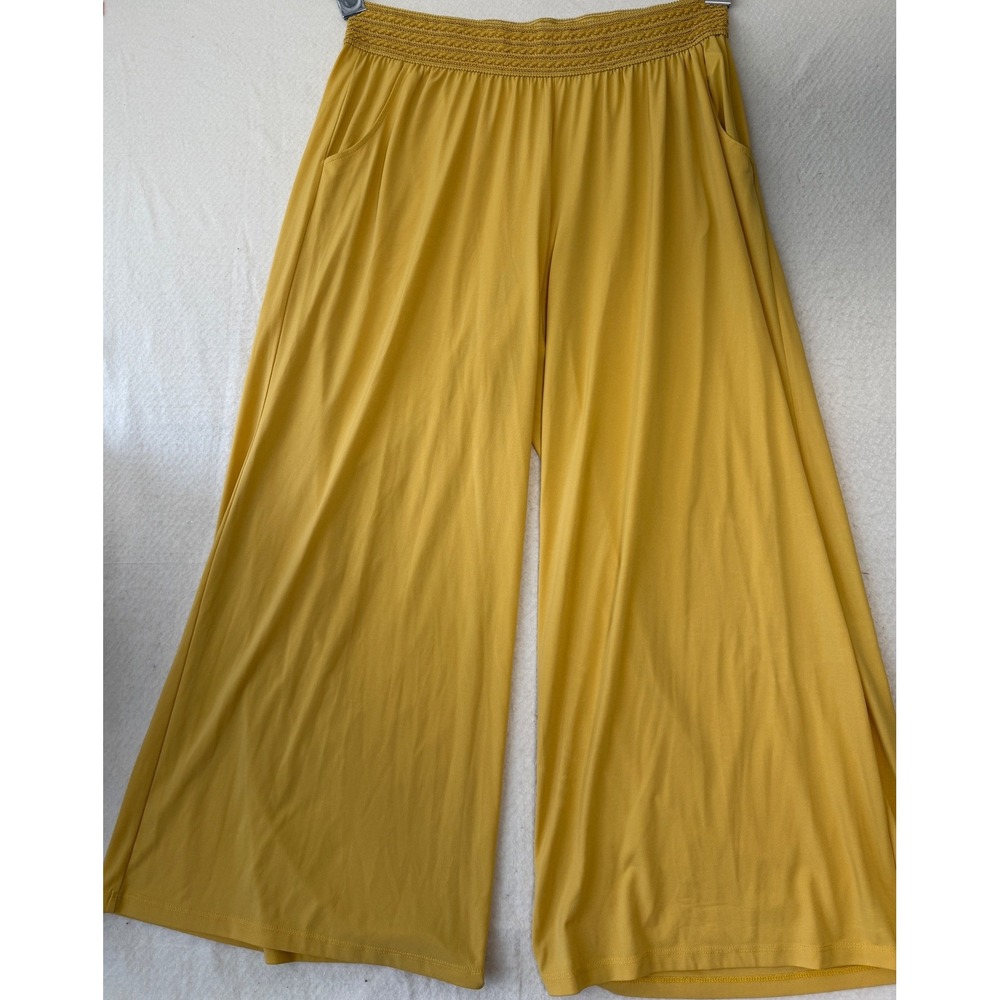 One World Live and Let Live Mustard Yellow Smocked Wide Leg Palazzo Pants 1X